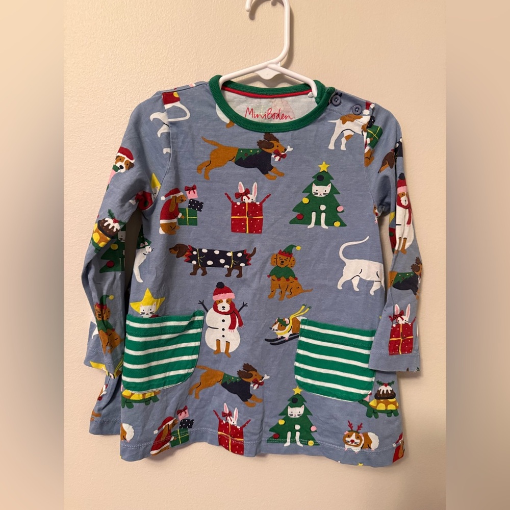 Mini Boden Blue Christmas Dress with Cats and Dogs